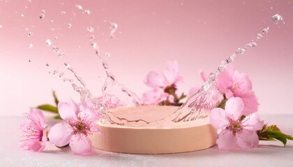 Pink cherry blossoms encircle a pedestal as water splashes in the background
