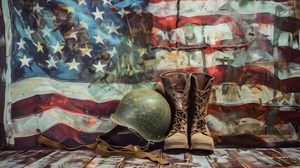 Memorial Day Honor: Helmet and Boots with American Flag Backdrop