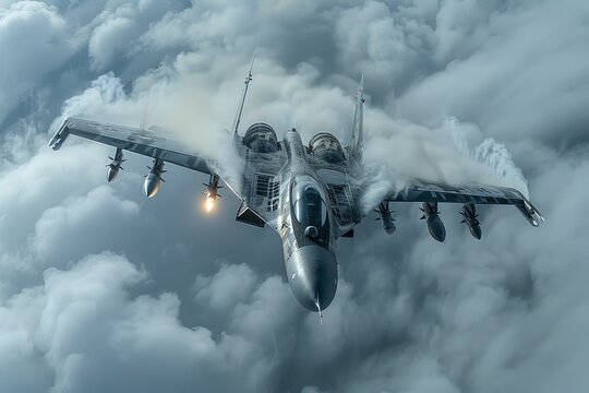 An impressive jet fighter aircraft soaring through a dramatic cloudy sky, showcasing power and speed