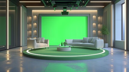 Contemporary studio set featuring a green screen, stylish sofas, and sleek lighting, ideal for television or video production.
