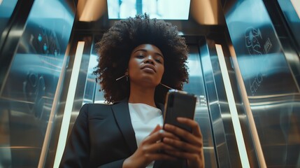 Black female rides crowded elevator to office in business center. Successful African American manager uses smartphone to write message, check social media, and email.