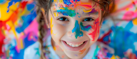 Obraz premium A close up beautiful young girl with colorful face paint smiling