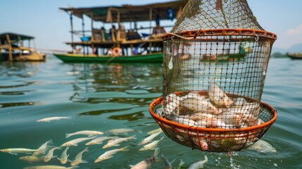 white carp and gray fishes from the river using cranes, while wooden boats carrying green oysters float peacefully on the clear water below.