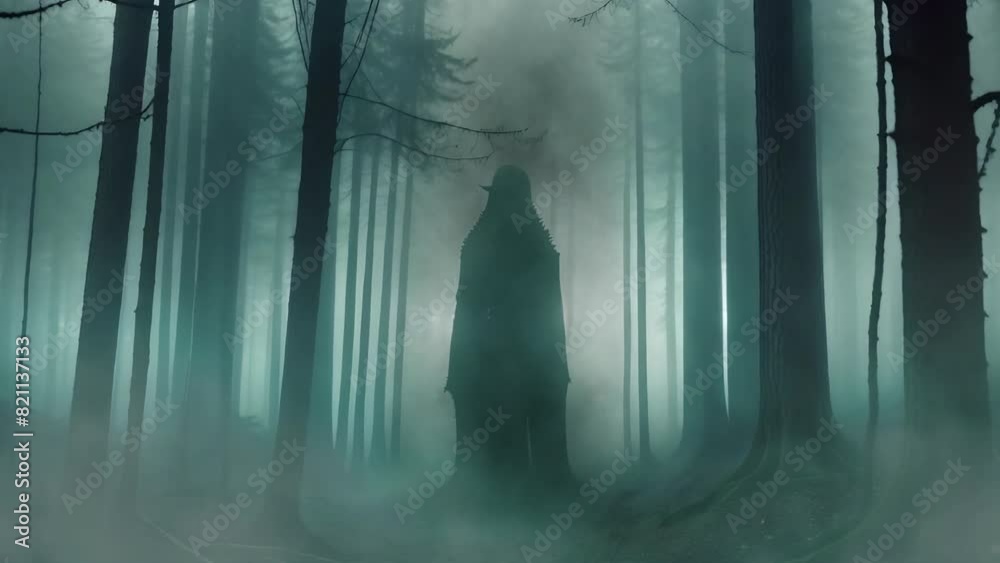 Wall mural dark eerie forest ghost shifting in the fog 4k loop features an a.i. generated video of a dark ghost