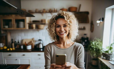 A young caucasian woman is is making a selfie while smiling with a telephone in a kitchen while cooking a low tech social media woman