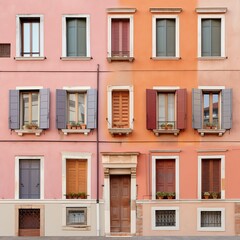 Fototapeta premium Colorful facade of a residential building with multiple windows, shutters, and flower boxes, displaying a charming urban architectural style.
