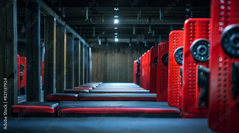 Poster a row of red benches are lined up in a gym