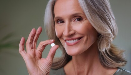 ortrait of happy middle aged 50s woman holding pill taking dietary supplements. Portrait of smiling...