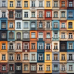 Fototapeta premium Colorful facade of urban apartment buildings with various windows representing architectural diversity and vibrant city life.