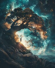 Obraz premium Surreal Scene of Person Evolving into Tree in Mirror Reflection