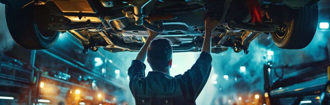 A professional mechanic is working under the chassis of a lifted car in a well-lit automotive workshop