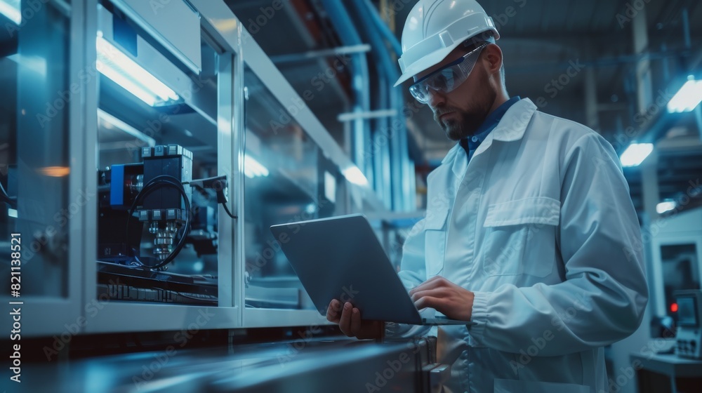Poster industrial cnc machine setting and configuration: an engineer in sterile coverall examines the funct