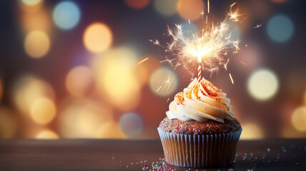 A birthday cupcake with sprinkles and sparklers and a background with decorations in bokeh