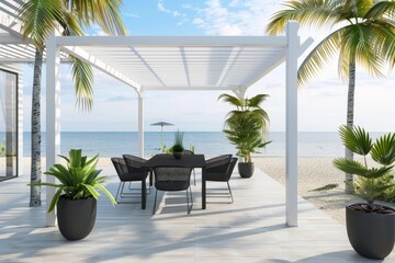Fototapeta premium Minimalist Patio with Pergola, Black Dining Set, and Beach Background