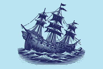 Old ship sinking during a storm. Vintage retro engraving illustration. Black icon, isolated element © Victoria