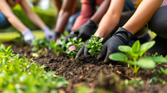 Closeup on a group of interracial people planting flowers in the garden with black gloves