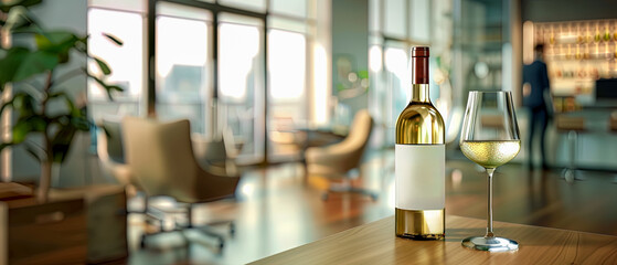 Mock-up bottle of white wine and wine glass on table in room with view of the city