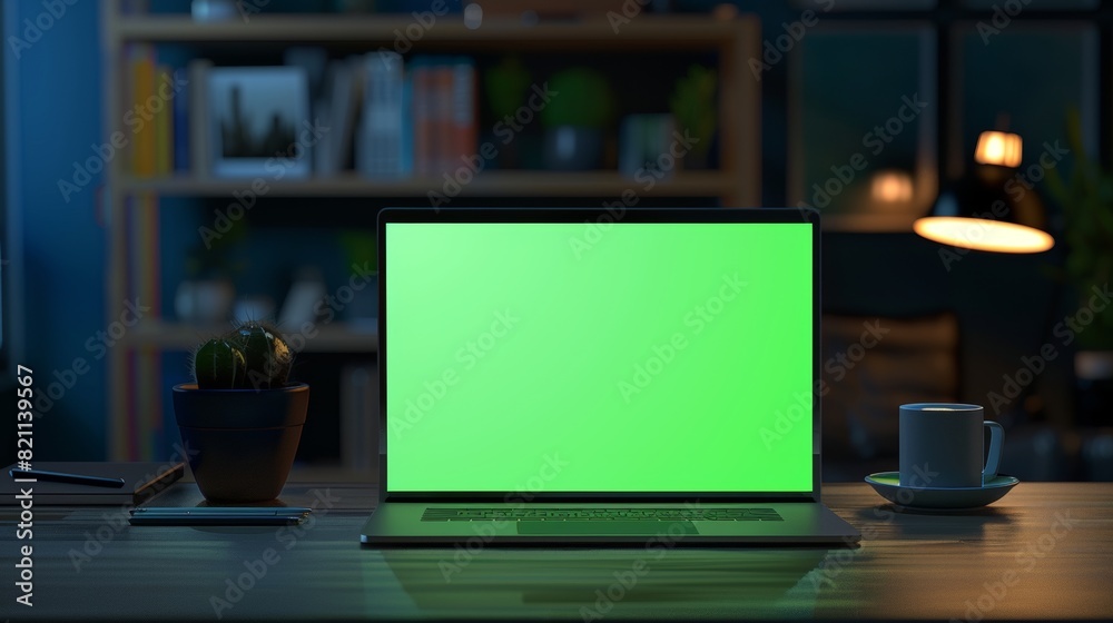 Poster this mock-up monitor shows a laptop computer with a green screen display on a desk. effortlessly min