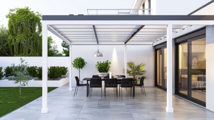 Minimalist Patio with Pergola, Black Dining Set, and Suburban Background


