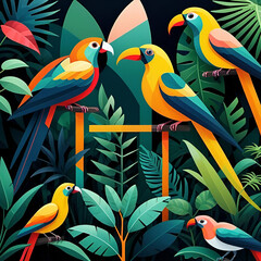 Colorful exotic birds and plants. Beautiful wallpaper design.