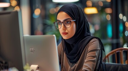 Arab Businesswoman Sitting in Creative Agency, Manager Implementing Modern Business Strategy for Client. Female Browsing Internet, Shopping Online on Computer.