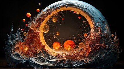 Abstract swirling wave with floating spheres, vibrant blue and orange colors, and intricate details against a dark background.