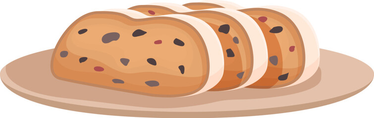 Graphic illustration of sliced raisin bread served on a simple plate, isolated on a white background