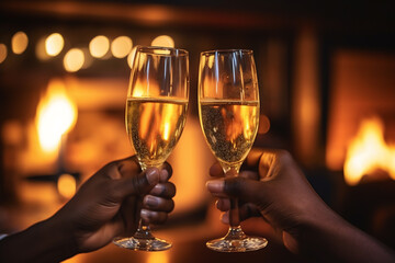 two people African American hands toasting champagne glasses for new years eve with a fireplace background, a celebration or engagement concept