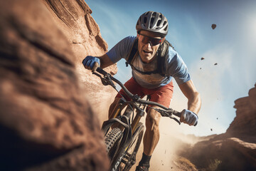A stunning foto of a young adult and Latin man riding his bicycle on a rocky mountain, a frontside portrait of a guy racing his mountain-bike on a hillside full of rocks at mid-day