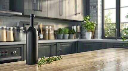 a bottle of red wine showcased on a kitchen table, its surroundings softly blurred to accentuate the sleek aesthetic.