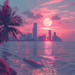 Obraz premium Miami Skyline in Retrowave Pastel Colors Against Warm Sunset