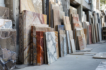 Obraz premium Stacks of various colored marble slabs are lined up on a sidewalk, harmonizing with the urban environment