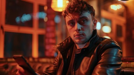 Fototapeta premium An anxious young man holds a smartphone, anxious about a sports bet about a soccer match. He wears a stylish leather jacket and seems emotional after winning.