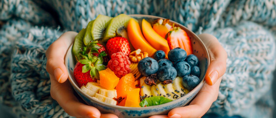 Close up bowl of fruit, including bananas, strawberries, healthy and balanced meal