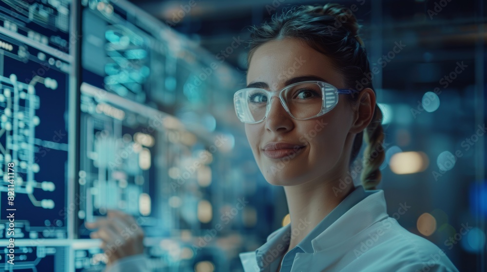 Poster an attractive and bright industrial engineer working on a 3d circuit motherboard project with comput