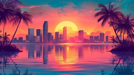 Illustration of Miami Skyline in Retrowave Pastel Colors

