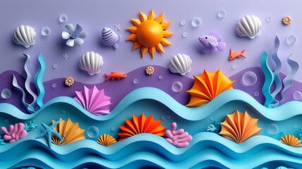 Obraz premium illustrations vector style for shapes of sea and summer elements like sun and sea wave's, colourful fish, beach equipments, solid background purple, blue and yellow main colors