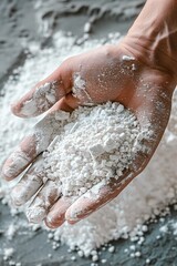 Fototapeta premium A hand is shown holding a pile of fine white silica powder