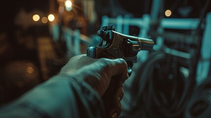 A man holding a gun in hand, the ship ready to shoot the man pointed a gun at us. A man is holding a gun in his hand. The image has a dark and moody atmosphere