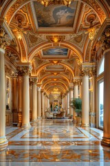 A Panoramic view of an opulent classic architectural interior with grand columns and luxurious decor