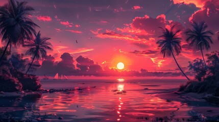 Fototapeta na wymiar Sunset Beaches in Retrowave Warm Colors