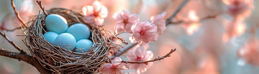 Obraz premium Birds nest with blue eggs, blooming pink cherry blossoms, soft light