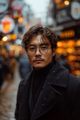 Fototapeta premium Taiwanese male supermodel with short hair, black frame glasses, British suit, European street