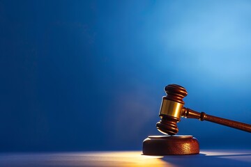 Gavel and block set with blue background and spotlight, justice, justice system , judge