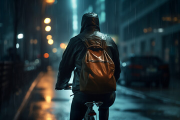 A beautiful adult of Asian hipster man riding his bicycle to work, a backside portrait of a guy commuting on a bicycle on a rainy day in an urban street at midnight - Powered by Adobe