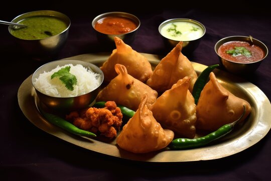 A bengali food singara with various dipping sauces on a table, ready to be enjoyed. Generative AI