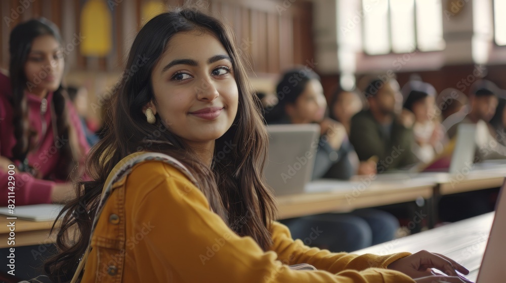 Poster taking notes during the lecture while using her laptop computer. this young woman is studying at a u