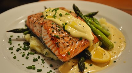 salmon with mashed potatoes asparagus and hollandaise sauce 