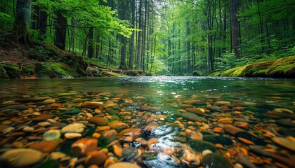 Crystalclear river in dense forest, vibrant greenery, low angle capturing the lush, peaceful scene