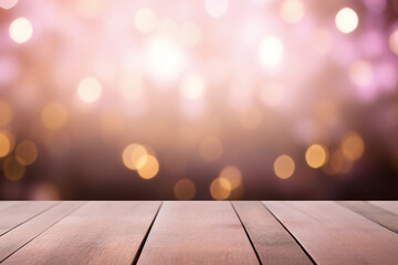 Empty wooden planks or tabletop in front of a blurred bokeh pink background and minimalist background a product display background or wallpaper concept with front-lighting